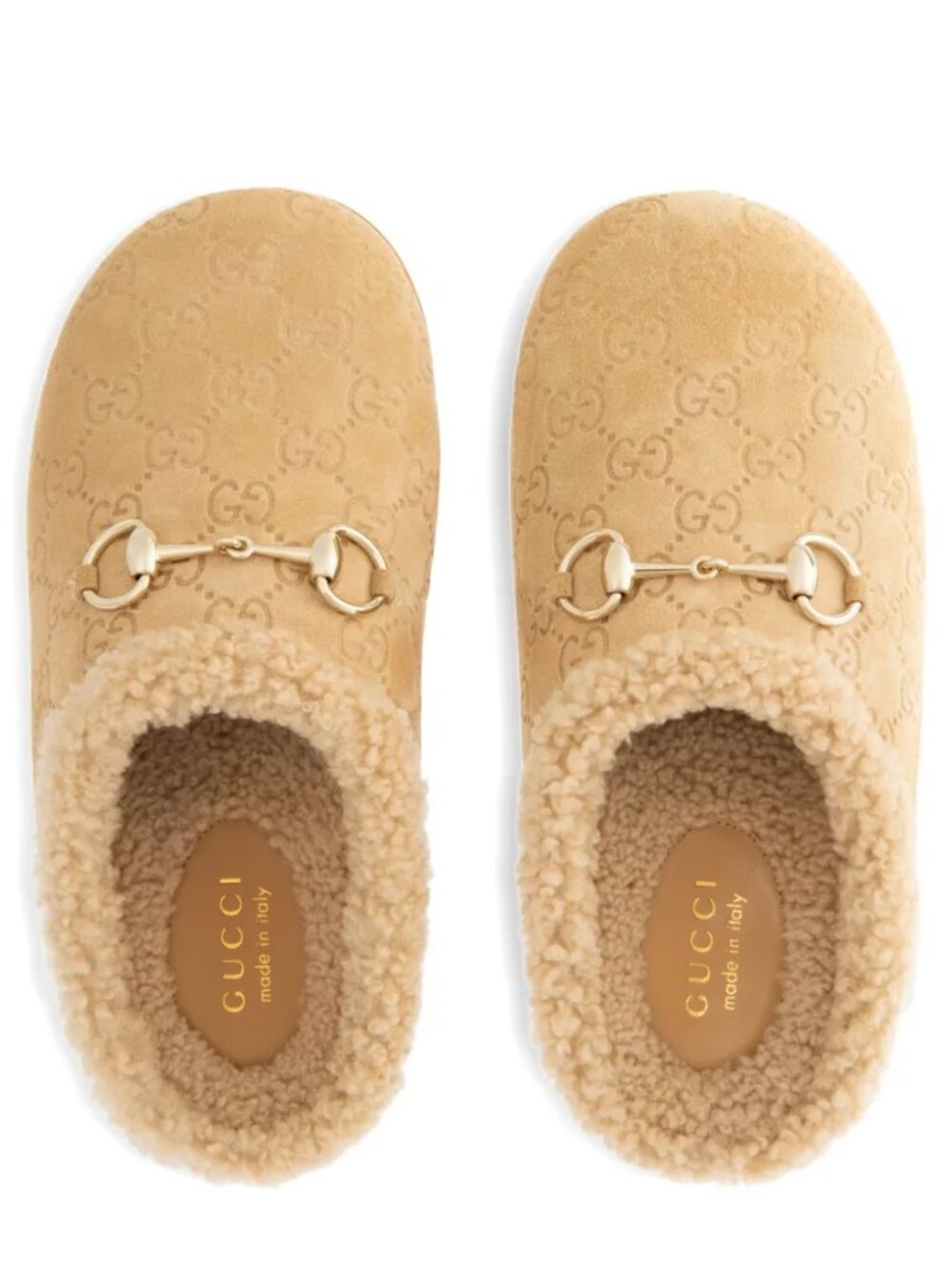 Gucci Sol Horsebit GG Debossed Sherling Mule Slide Sandals Flats Shoes